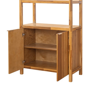 English Elm 75.55 Tall Freestanding Bookcase with Fluted Doors Open Shelves Rubberwood Frame Natural N763P517828N