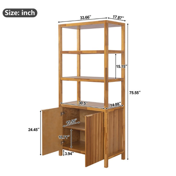 English Elm 75.55 Tall Freestanding Bookcase with Fluted Doors Open Shelves Rubberwood Frame Natural N763P517828N