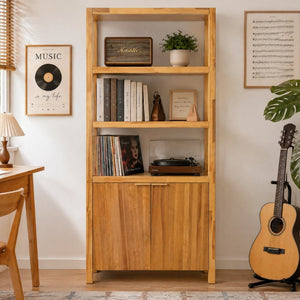 English Elm 75.55 Tall Freestanding Bookcase with Fluted Doors Open Shelves Rubberwood Frame Natural N763P517828N