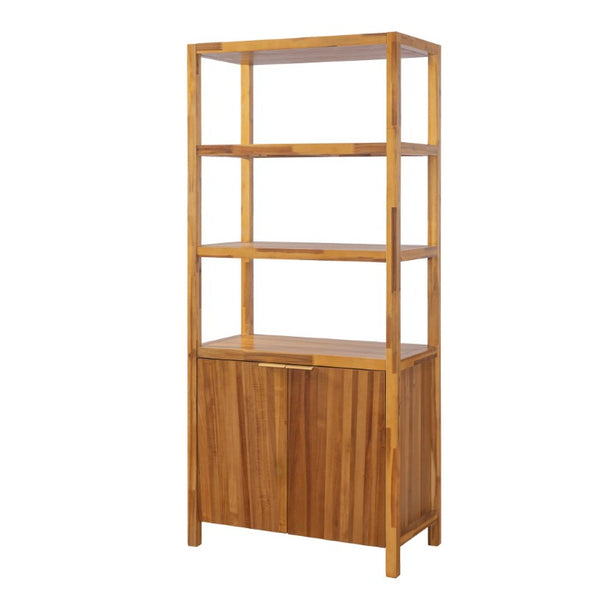 English Elm 75.55 Tall Freestanding Bookcase with Fluted Doors Open Shelves Rubberwood Frame Natural N763P517828N