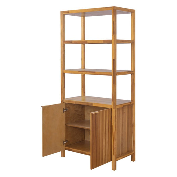 English Elm 75.55 Tall Freestanding Bookcase with Fluted Doors Open Shelves Rubberwood Frame Natural N763P517828N
