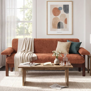 English Elm 69.9 Inch Chenille Two Seater Sofa with Pillow Top Arms and Rubberwood Legs for Living Room Rust N763S000050J