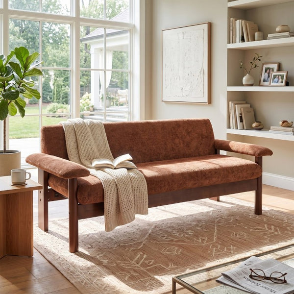 English Elm 69.9 Inch Chenille Two Seater Sofa with Pillow Top Arms and Rubberwood Legs for Living Room Rust N763S000050J