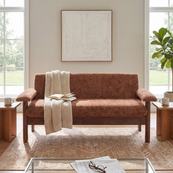 English Elm 69.9 Inch Chenille Two Seater Sofa with Pillow Top Arms and Rubberwood Legs for Living Room Rust N763S000050J