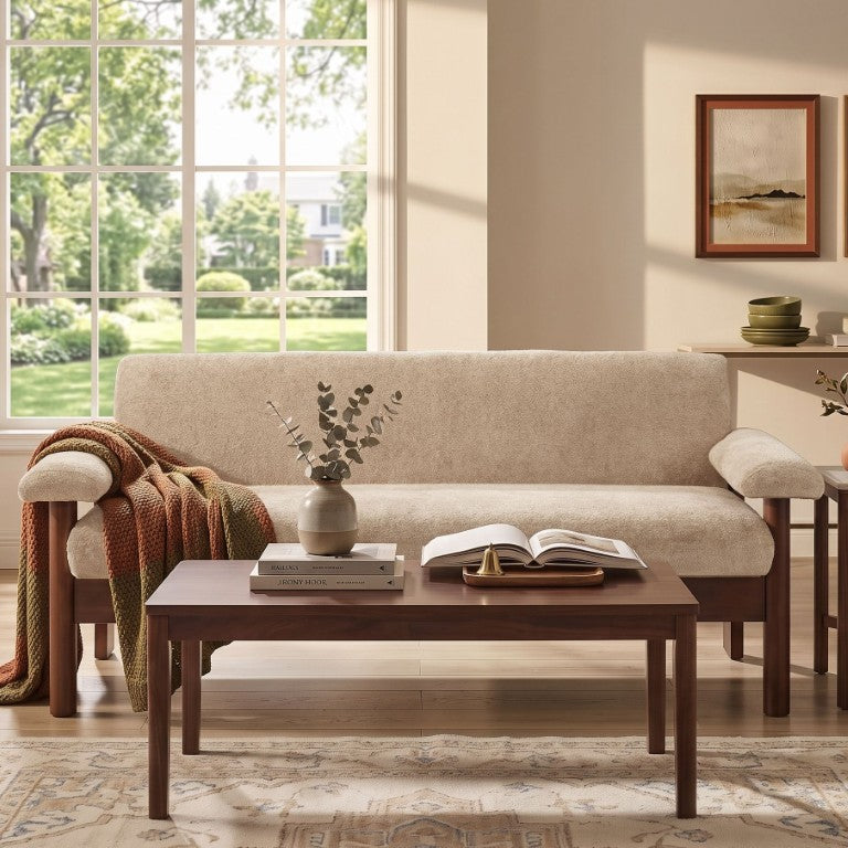 English Elm 69.9 Inch Chenille Two Seater Sofa with Pillow Top Arms and Rubberwood Legs for Living Room Light Brown N763S000050L