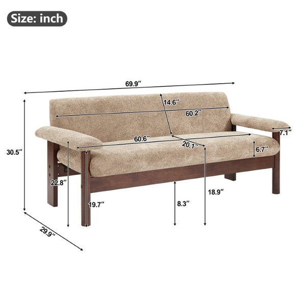 English Elm 69.9 Inch Chenille Two Seater Sofa with Pillow Top Arms and Rubberwood Legs for Living Room Light Brown N763S000050L