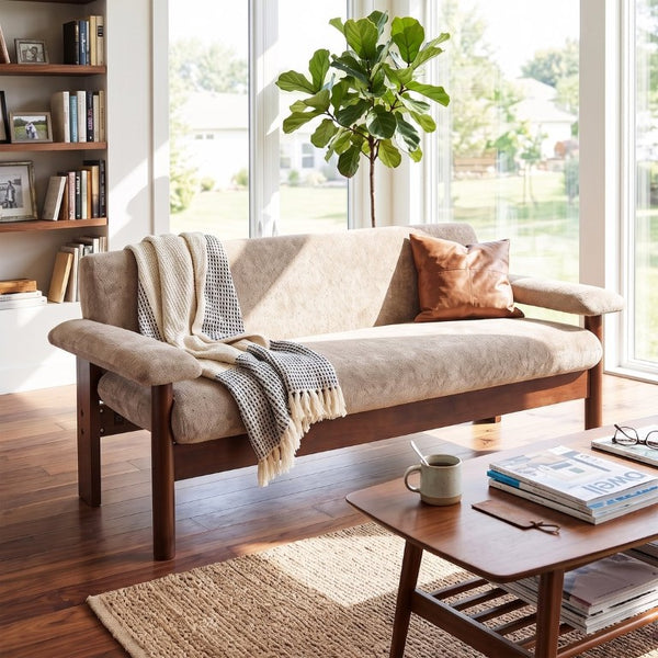 English Elm 69.9 Inch Chenille Two Seater Sofa with Pillow Top Arms and Rubberwood Legs for Living Room Light Brown N763S000050L