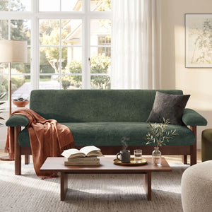 English Elm 69.9 Inch Chenille Two Seater Sofa with Pillow Top Arms and Rubberwood Legs for Living Room Green N763S000050U
