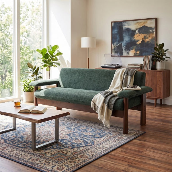 English Elm 69.9 Inch Chenille Two Seater Sofa with Pillow Top Arms and Rubberwood Legs for Living Room Green N763S000050U