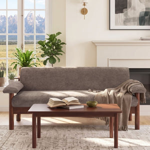 English Elm 69.9 Inch Chenille Two Seater Sofa with Pillow Top Arms and Rubberwood Legs for Living Room Brown N763S000050W