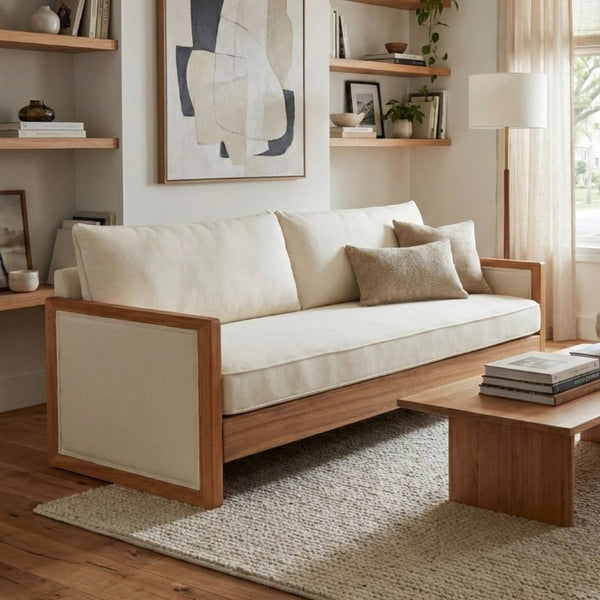 English Elm Modern Three-Seat Chenille Sofa with Solid Wood Armrests and Pocket Spring Living Room Beige N763S000080A