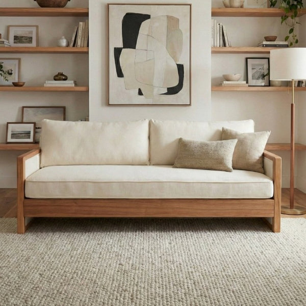 English Elm Modern Three-Seat Chenille Sofa with Solid Wood Armrests and Pocket Spring Living Room Beige N763S000080A