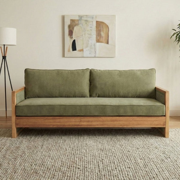English Elm Modern Three-Seat Chenille Sofa with Solid Wood Armrests and Pocket Spring Living Room Green N763S000080F