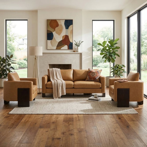English Elm Cozy Three Piece Pu Fabric Sofa Set with Rubberwood Legs for Modern Living Spaces N763S000130D