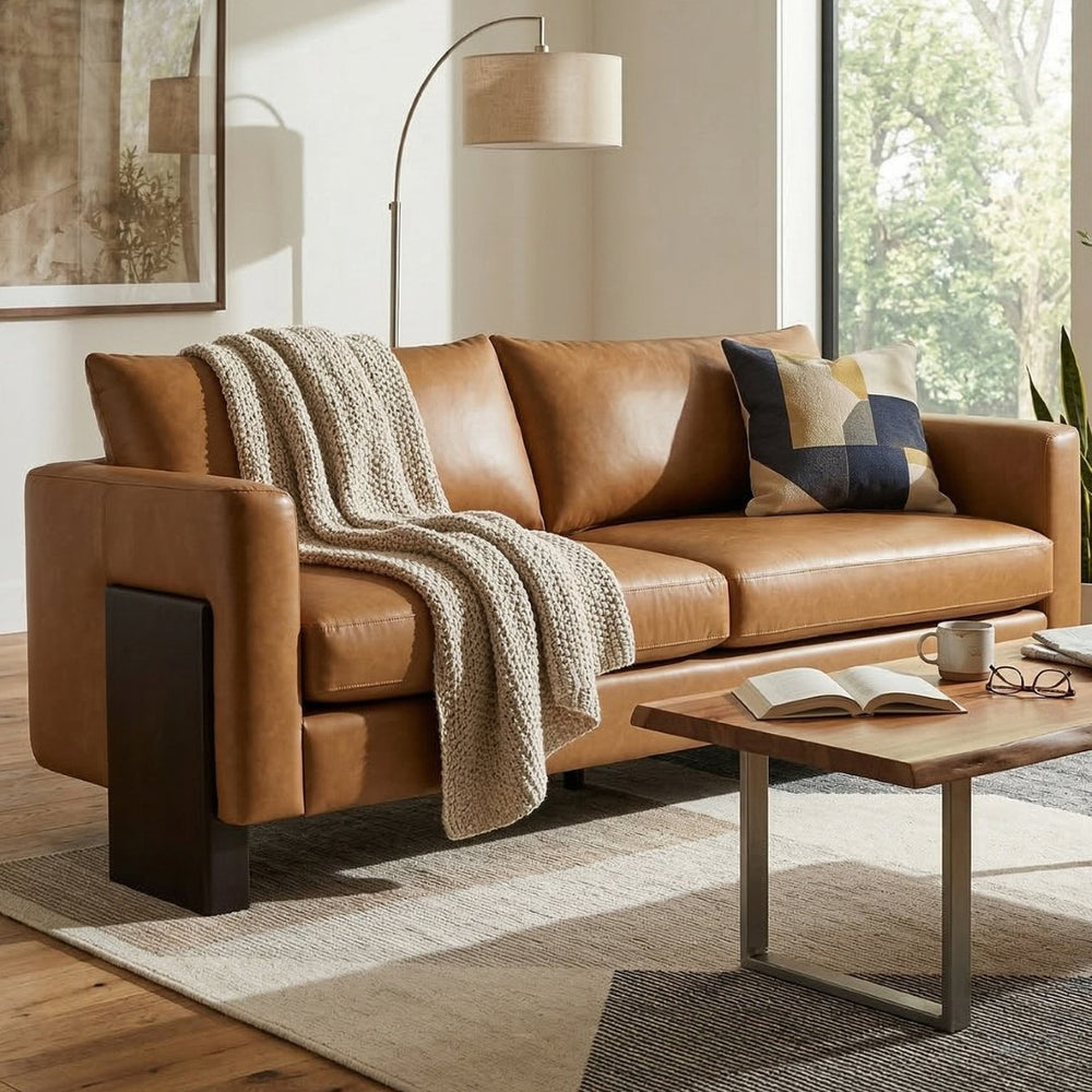 English Elm Modern 3-seater Sofa with Rubberwood Legs Pu Upholstery and Pocket Spring Support N763S000131D