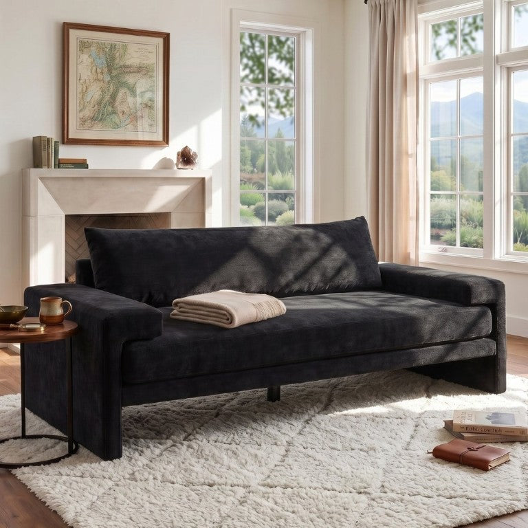 English Elm Chenille Upholstered Three Seat Sofa with Deep Cushions Wide Armrests Living Room Black N763S000140B