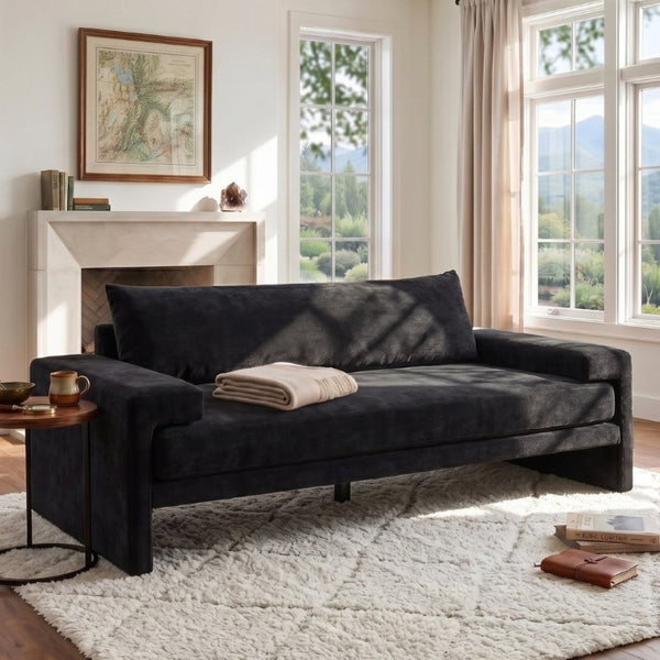 English Elm Chenille Upholstered Three Seat Sofa with Deep Cushions Wide Armrests Living Room Black N763S000140B