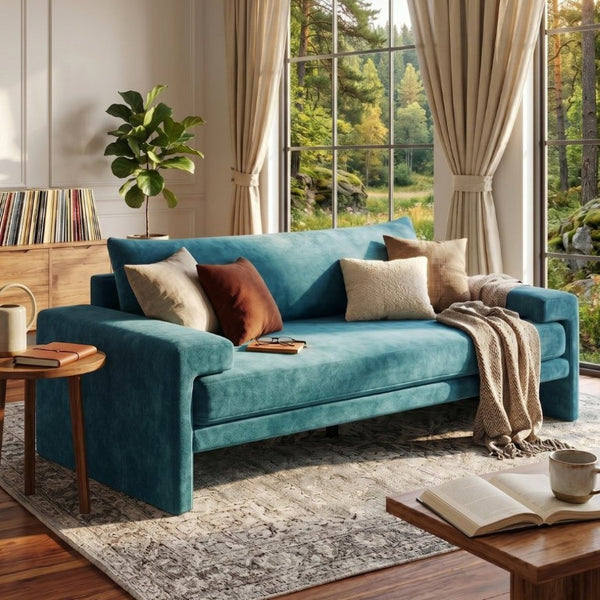 English Elm Chenille Upholstered Three Seat Sofa with Deep Cushions Wide Armrests Living Room Green N763S000140F