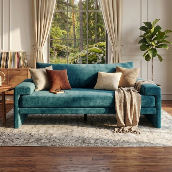 English Elm Chenille Upholstered Three Seat Sofa with Deep Cushions Wide Armrests Living Room Green N763S000140F