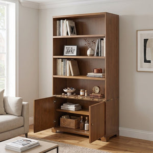 English Elm 91.1 Inch Tall Walnut Bookcase with Fluted Cabinet Doors and Faux Marble Accent Shelf Walnut N763S000150D