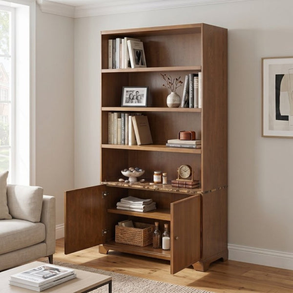 English Elm 91.1 Inch Tall Walnut Bookcase with Fluted Cabinet Doors and Faux Marble Accent Shelf Walnut N763S000150D