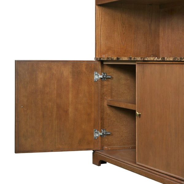English Elm 91.1 Inch Tall Walnut Bookcase with Fluted Cabinet Doors and Faux Marble Accent Shelf Walnut N763S000150D