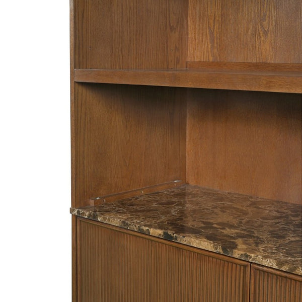 English Elm 91.1 Inch Tall Walnut Bookcase with Fluted Cabinet Doors and Faux Marble Accent Shelf Walnut N763S000150D
