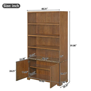 English Elm 91.1 Inch Tall Walnut Bookcase with Fluted Cabinet Doors and Faux Marble Accent Shelf Walnut N763S000150D