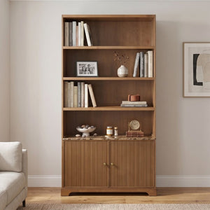 English Elm 91.1 Inch Tall Walnut Bookcase with Fluted Cabinet Doors and Faux Marble Accent Shelf Walnut N763S000150D