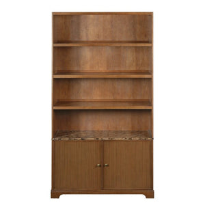 English Elm 91.1 Inch Tall Walnut Bookcase with Fluted Cabinet Doors and Faux Marble Accent Shelf Walnut N763S000150D