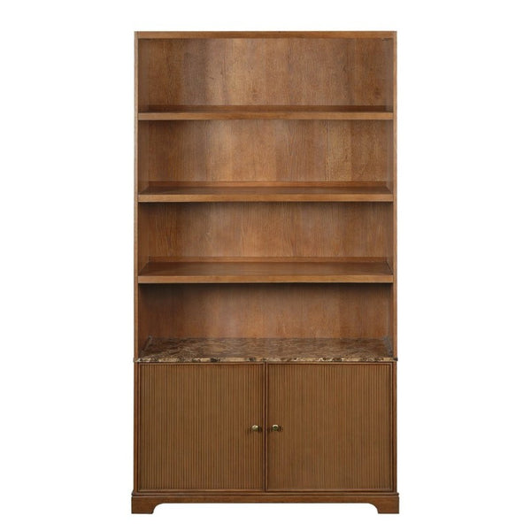 English Elm 91.1 Inch Tall Walnut Bookcase with Fluted Cabinet Doors and Faux Marble Accent Shelf Walnut N763S000150D