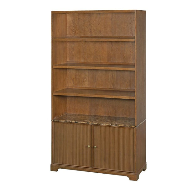 English Elm 91.1 Inch Tall Walnut Bookcase with Fluted Cabinet Doors and Faux Marble Accent Shelf Walnut N763S000150D
