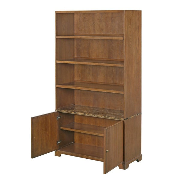 English Elm 91.1 Inch Tall Walnut Bookcase with Fluted Cabinet Doors and Faux Marble Accent Shelf Walnut N763S000150D
