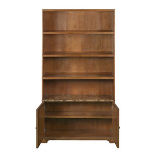 English Elm 91.1 Inch Tall Walnut Bookcase with Fluted Cabinet Doors and Faux Marble Accent Shelf Walnut N763S000150D