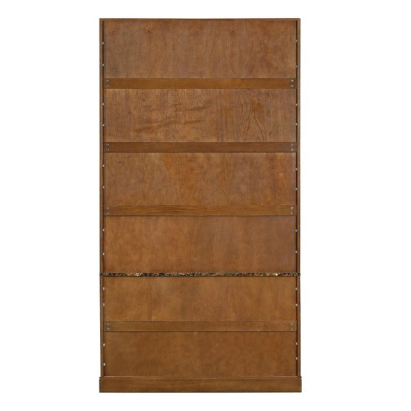 English Elm 91.1 Inch Tall Walnut Bookcase with Fluted Cabinet Doors and Faux Marble Accent Shelf Walnut N763S000150D