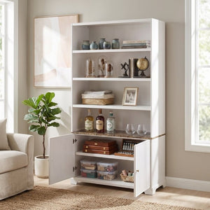 English Elm 91.1 Inch Tall Walnut Bookcase with Fluted Cabinet Doors and Faux Marble Accent Shelf White N763S000150K