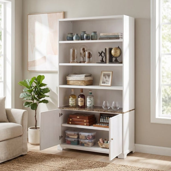 English Elm 91.1 Inch Tall Walnut Bookcase with Fluted Cabinet Doors and Faux Marble Accent Shelf White N763S000150K