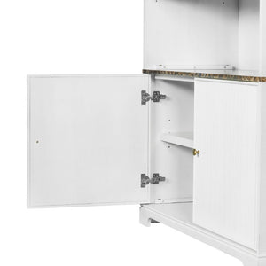 English Elm 91.1 Inch Tall Walnut Bookcase with Fluted Cabinet Doors and Faux Marble Accent Shelf White N763S000150K
