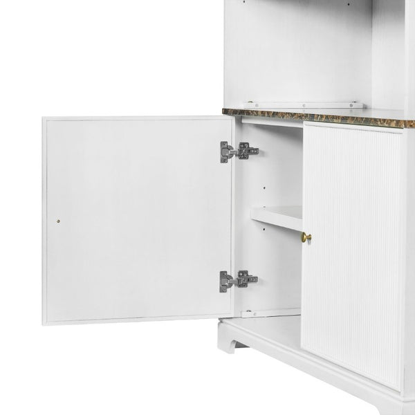 English Elm 91.1 Inch Tall Walnut Bookcase with Fluted Cabinet Doors and Faux Marble Accent Shelf White N763S000150K