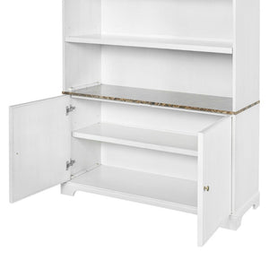 English Elm 91.1 Inch Tall Walnut Bookcase with Fluted Cabinet Doors and Faux Marble Accent Shelf White N763S000150K