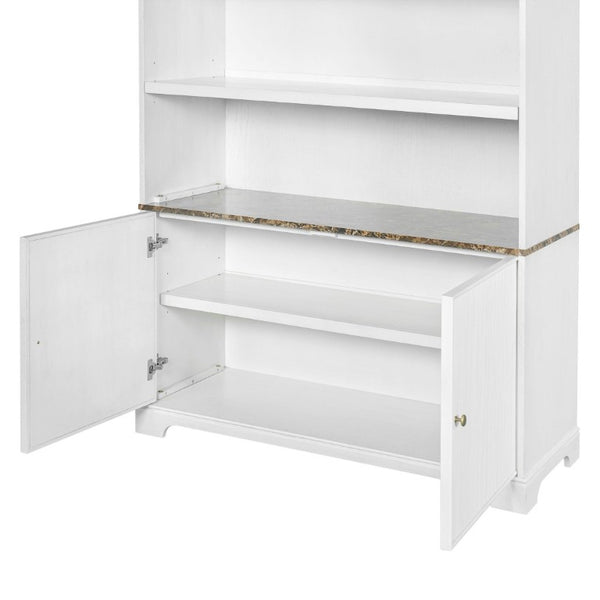 English Elm 91.1 Inch Tall Walnut Bookcase with Fluted Cabinet Doors and Faux Marble Accent Shelf White N763S000150K