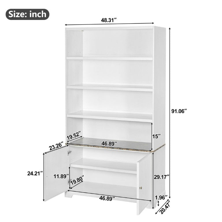 English Elm 91.1 Inch Tall Walnut Bookcase with Fluted Cabinet Doors and Faux Marble Accent Shelf White N763S000150K