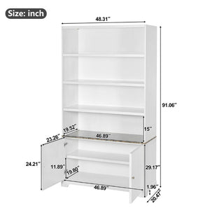 English Elm 91.1 Inch Tall Walnut Bookcase with Fluted Cabinet Doors and Faux Marble Accent Shelf White N763S000150K