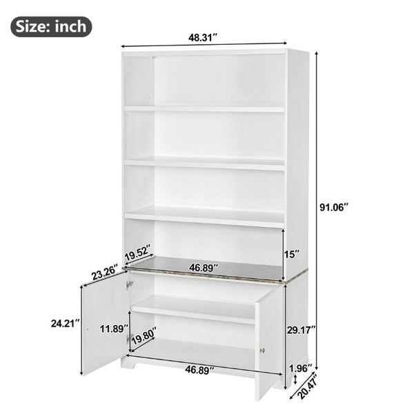 English Elm 91.1 Inch Tall Walnut Bookcase with Fluted Cabinet Doors and Faux Marble Accent Shelf White N763S000150K
