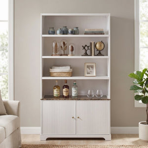 English Elm 91.1 Inch Tall Walnut Bookcase with Fluted Cabinet Doors and Faux Marble Accent Shelf White N763S000150K