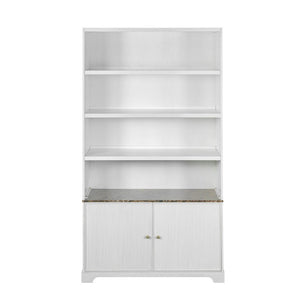 English Elm 91.1 Inch Tall Walnut Bookcase with Fluted Cabinet Doors and Faux Marble Accent Shelf White N763S000150K