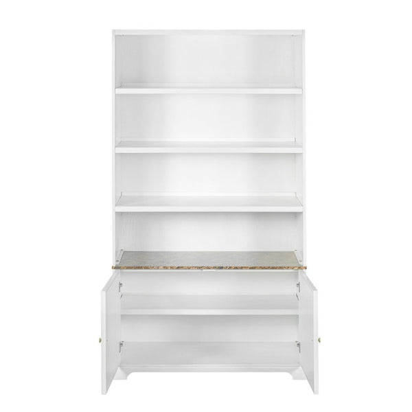 English Elm 91.1 Inch Tall Walnut Bookcase with Fluted Cabinet Doors and Faux Marble Accent Shelf White N763S000150K