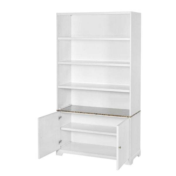 English Elm 91.1 Inch Tall Walnut Bookcase with Fluted Cabinet Doors and Faux Marble Accent Shelf White N763S000150K