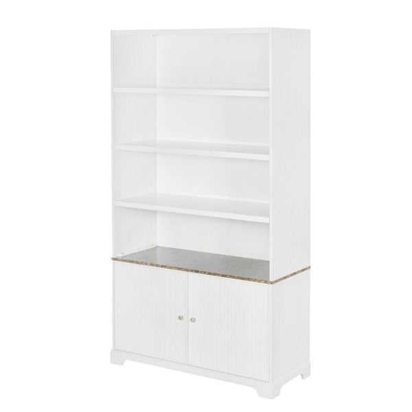 English Elm 91.1 Inch Tall Walnut Bookcase with Fluted Cabinet Doors and Faux Marble Accent Shelf White N763S000150K