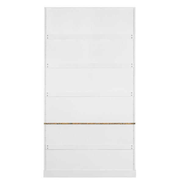 English Elm 91.1 Inch Tall Walnut Bookcase with Fluted Cabinet Doors and Faux Marble Accent Shelf White N763S000150K